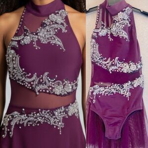 Custom Solo lyrical embellished rhinestone Dance Costume purple leotard dress MC